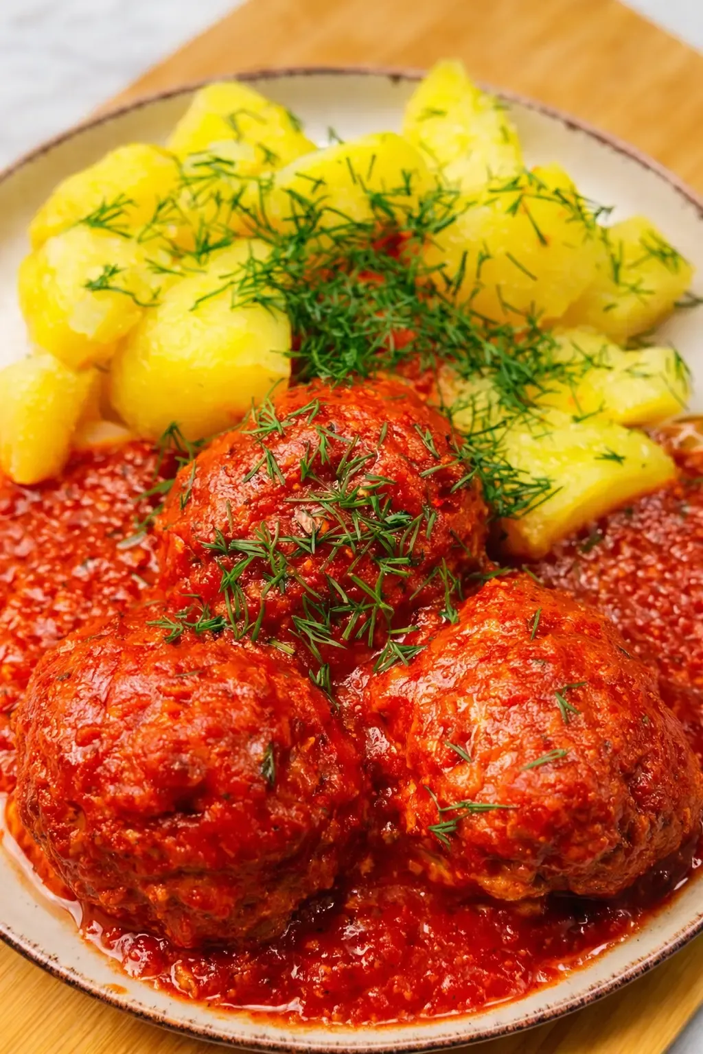 pulpety w sosie pomidorowym z ziemniakami i koperkiem na talerzu